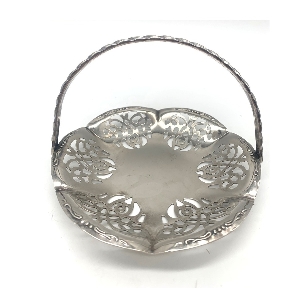 Vintage Leonard Silverplate Bonbon Basket Reticulated Floral Swing Handle 6"